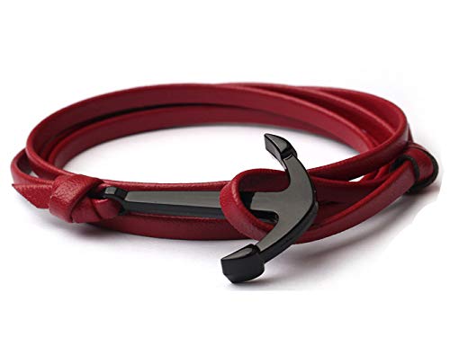 HelloNita Unisex Nylon PU Leder Wickelarmband für Damen und Herren 76,2 cm (Weinrot mit schwarzem Anker) von HelloNita