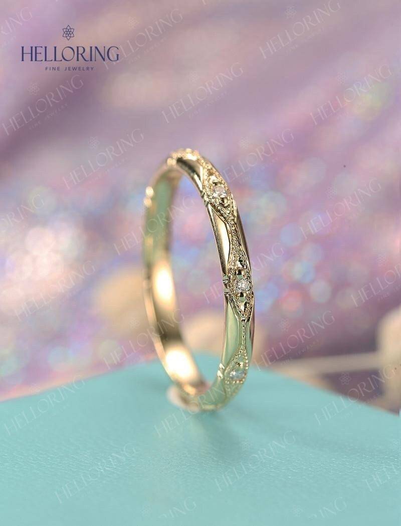 Vintage Diamant Weibliche Ehering, 14K Gelbgold Bandring, Einzigartige Milgrain Hochzeitsband, Stapeln Passende Band, Jubiläumsring Für Frauen von HelloRing