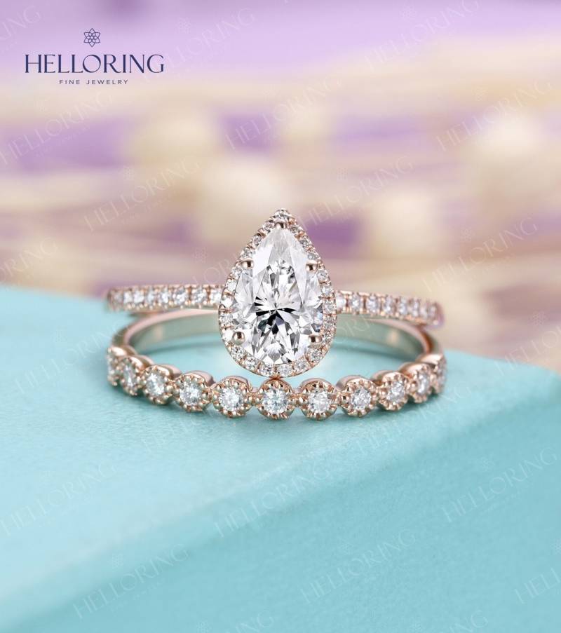Birne Moissanite Verlobungsring Vintage Rose Gold Ring Halbe Eternity Band Diamant Ehering Stapelring Halbe von HelloRing