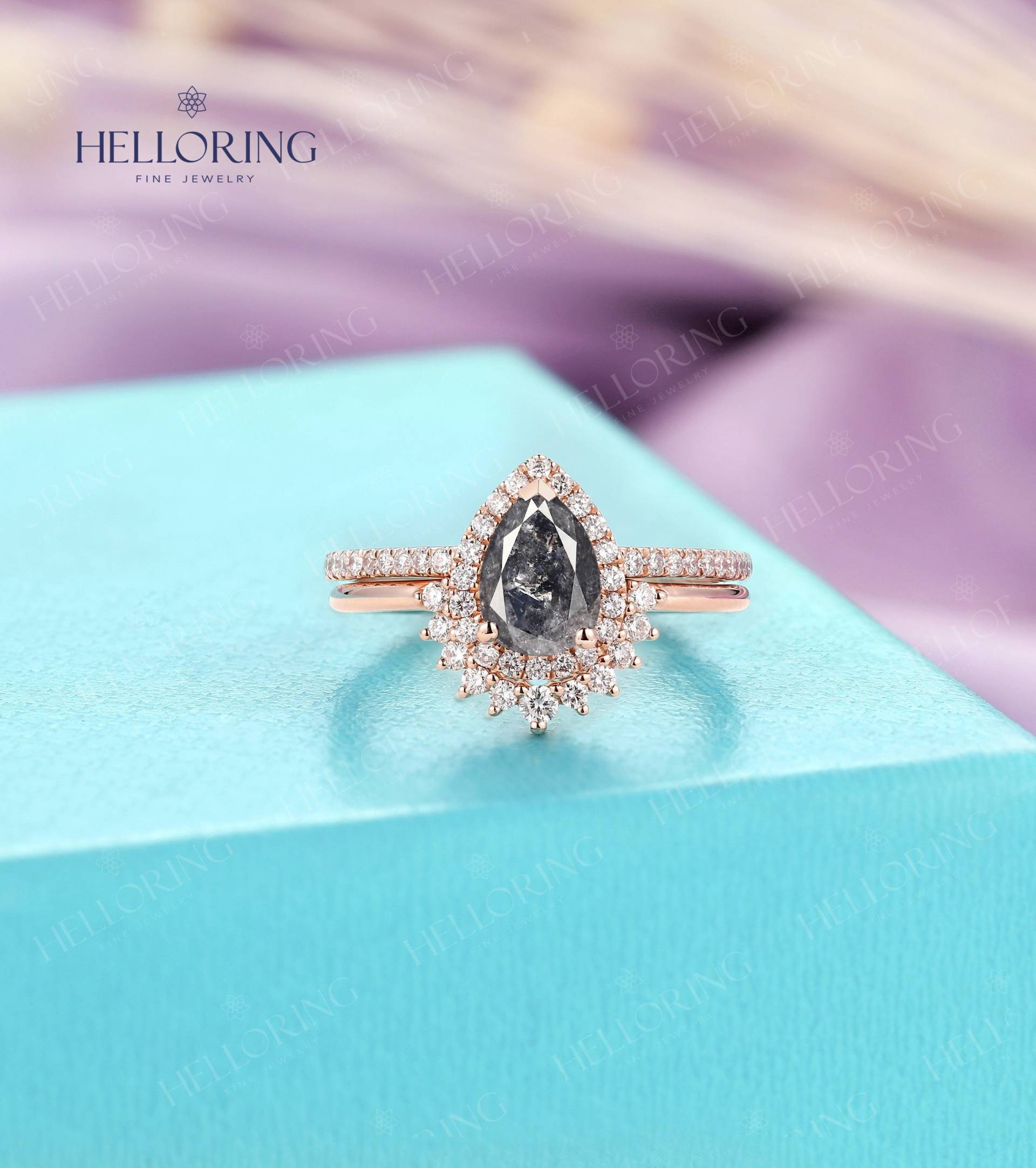 Birne Salz Und Pfeffer Diamant Verlobungsring Set Roségold Geschnitten Ehering Vintage Halo Moissanite Ring Jubiläumsring von HelloRing