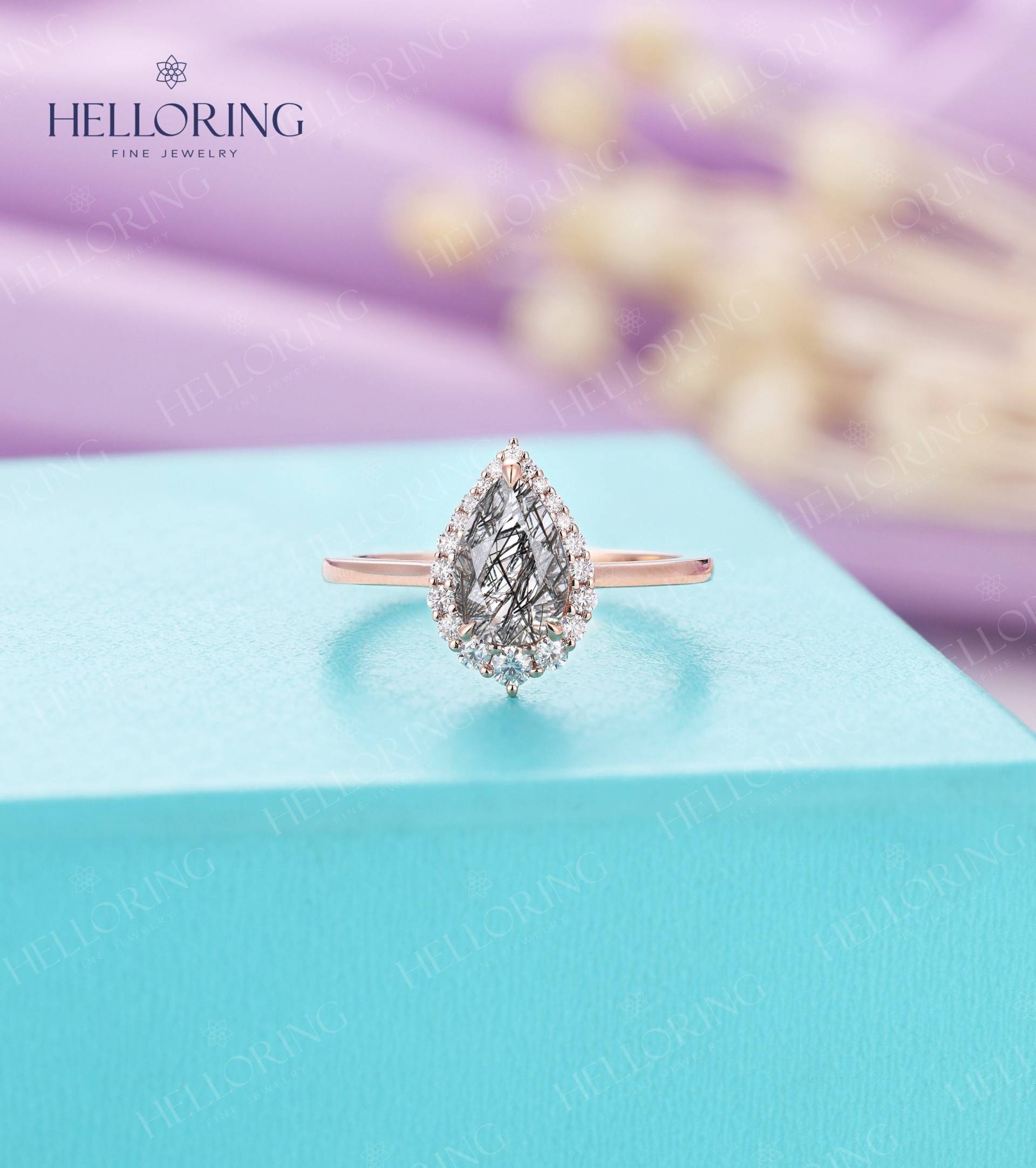 Birnenförmiger Schwarzer Rutilquarz Verlobungsring Rosegold Ehering Vintage Diamant Moissanit Heiligenschein Ring Zange Set Jubiläumsring von HelloRing