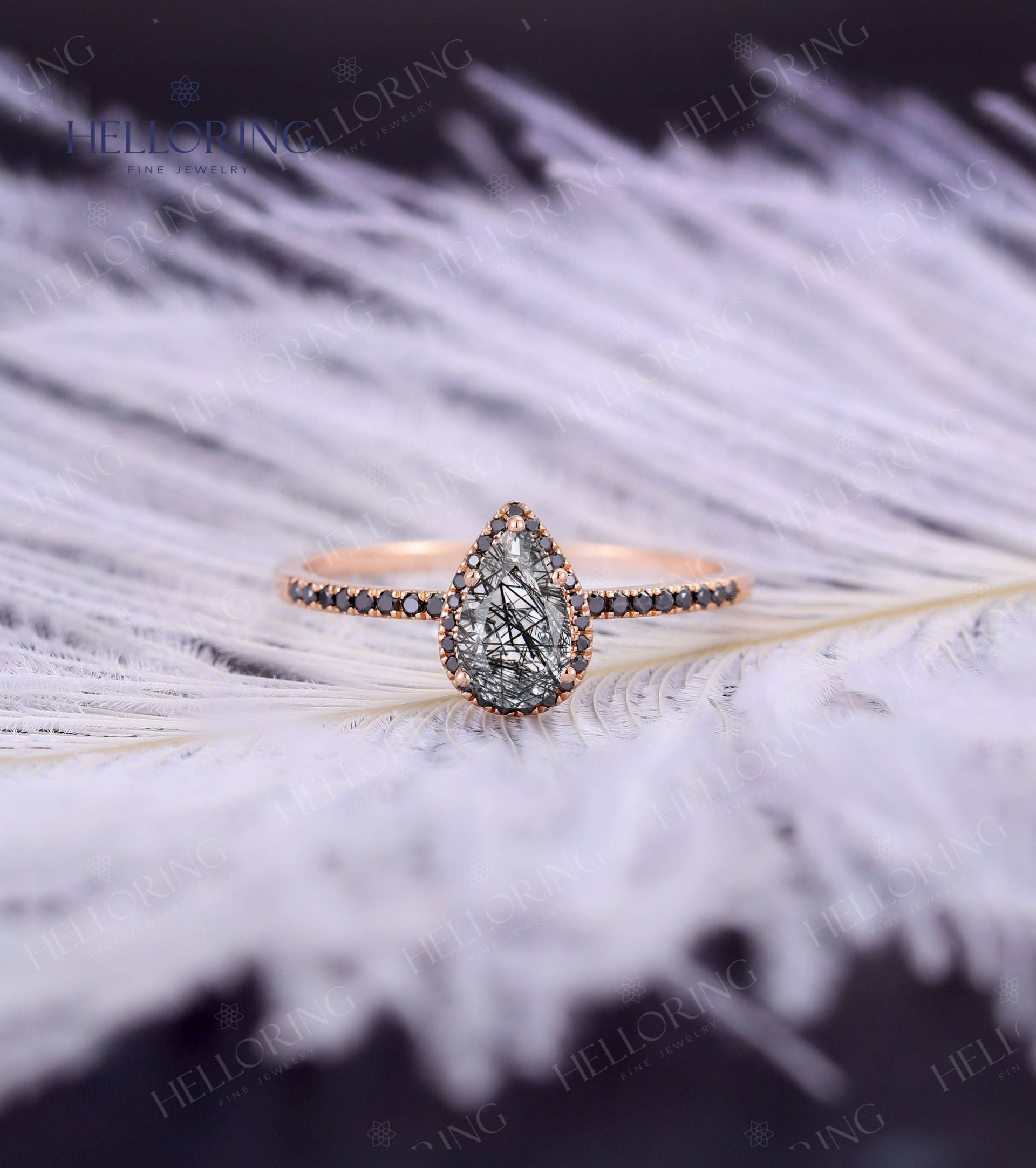 Birnenförmiger Schwarzer Rutilquarz Verlobungsring Rosegold Ehering Vintage Halo Diamant Ring Brautring Halb Ewigkeit von HelloRing