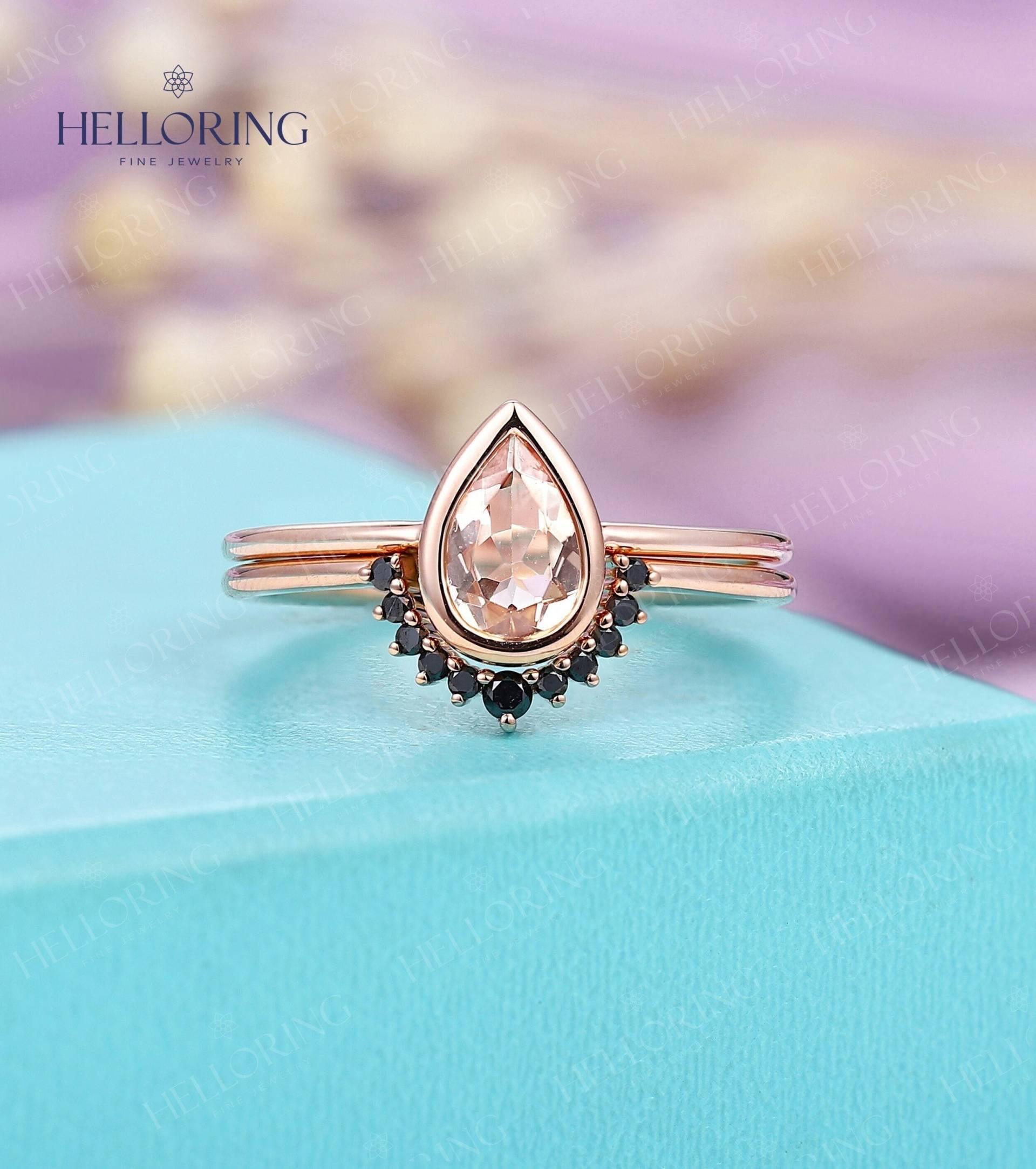 Birnenschliff Lünette Gesetzt Orange Rosa Morganit Verlobungsring Roségold Schwarz Diamant Ehering Curved Band Versprechen Ring Birnenschliff Lünette Gesetzt Orange Rosa Morganit Verlobungsring Roségold Schwarz Diamant Ehering Curved Band Versprechen Ring von HelloRing