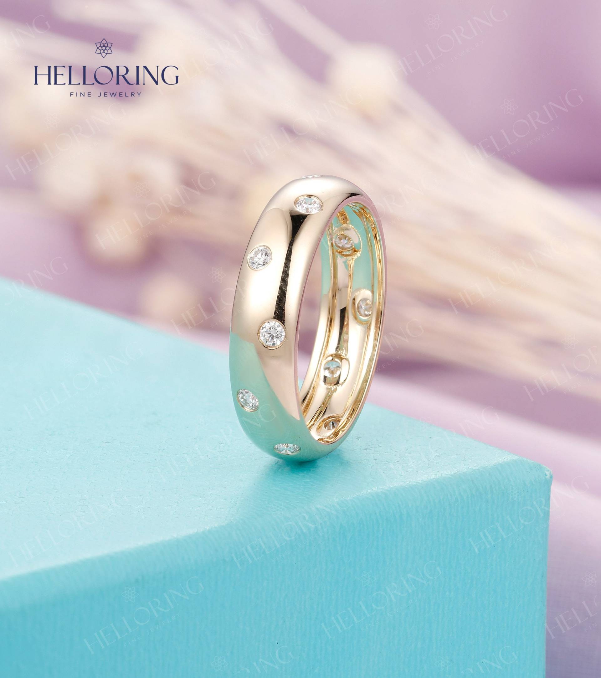 Diamant Herren Ehering 5mm Gelb Gold Poliert Ring Simple Stacking Passender Jubiläum Versprechen von HelloRing