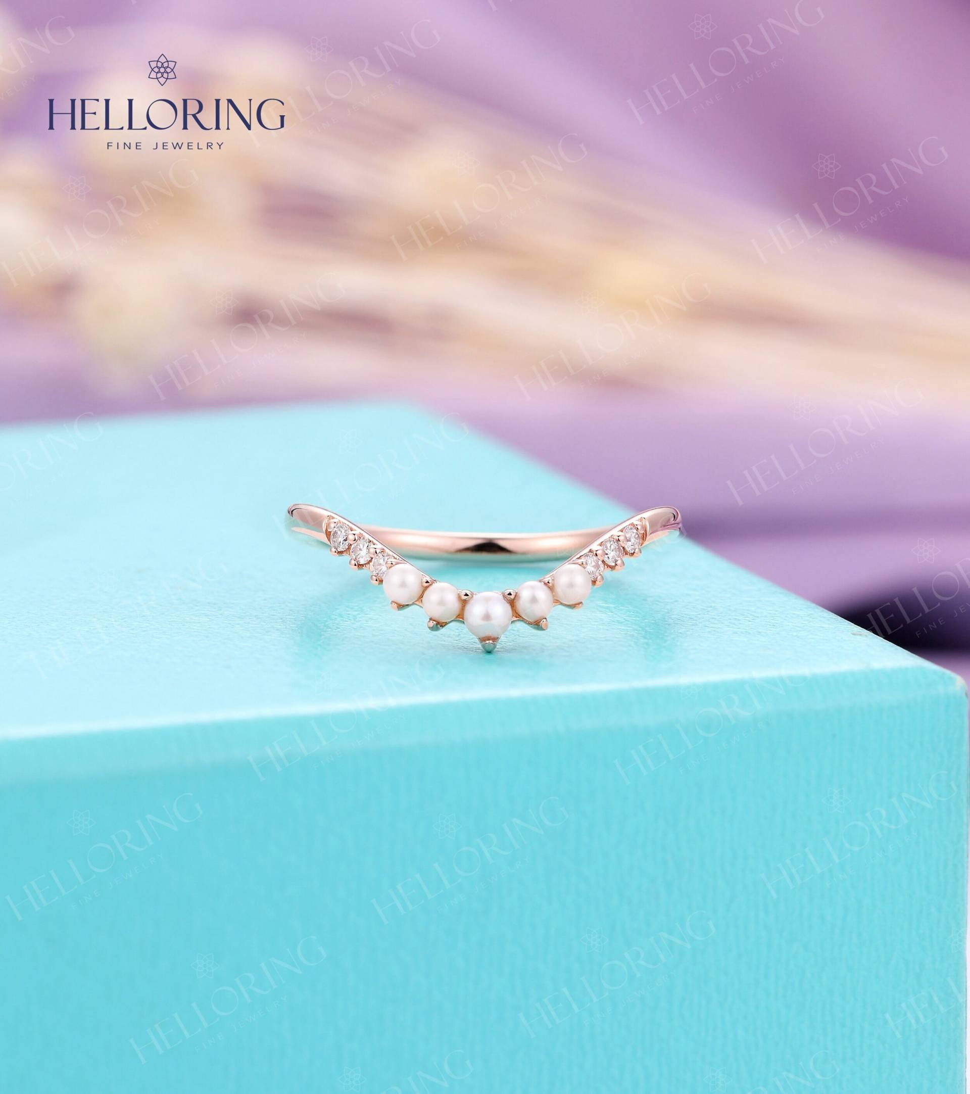 Einfache Perle Moissanite Diamant Ehering Roségold Gebogener Ring Passend Einzigartige Art-Deco-stapeln Chevron Versprechen Jubiläumsring von HelloRing