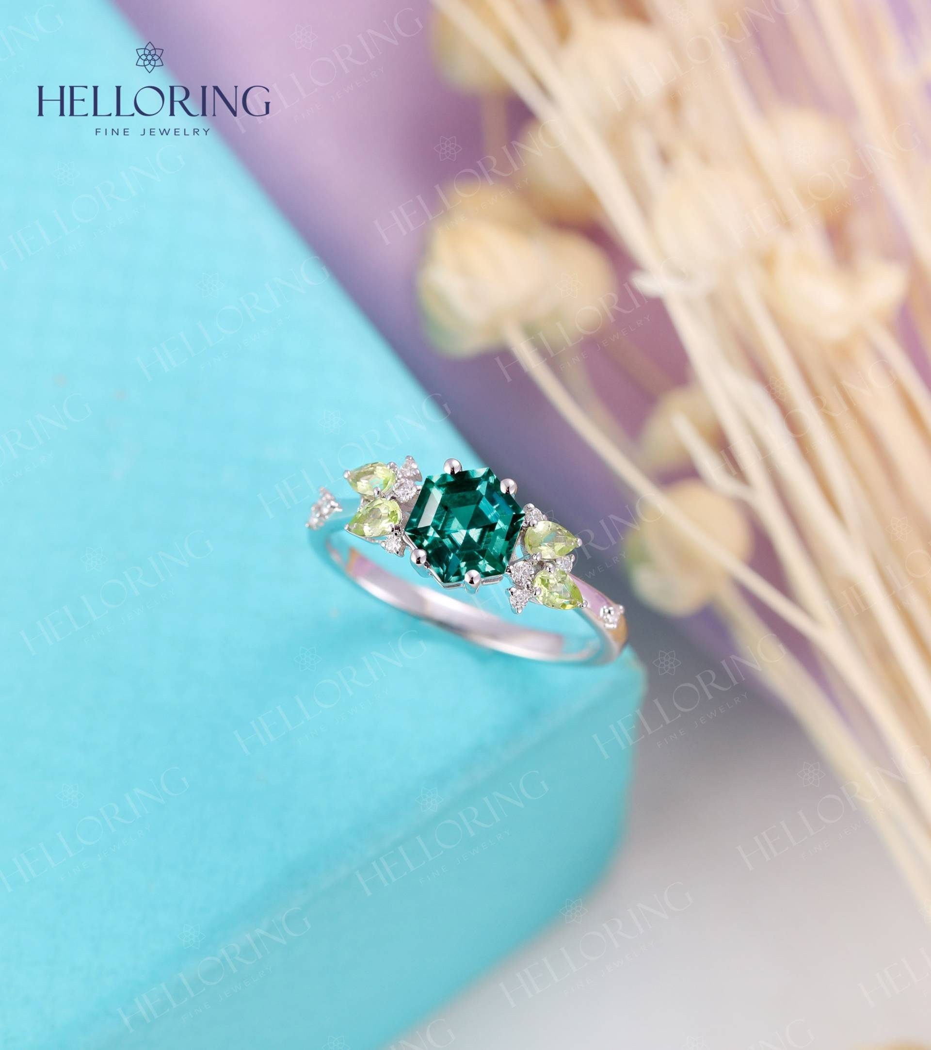 Hexagon Lab Smaragd Verlobungsring Vintage Ring Diamant Peridot Cluster Art Deco Ehering Unikat Versprechen Jahrestag von HelloRing