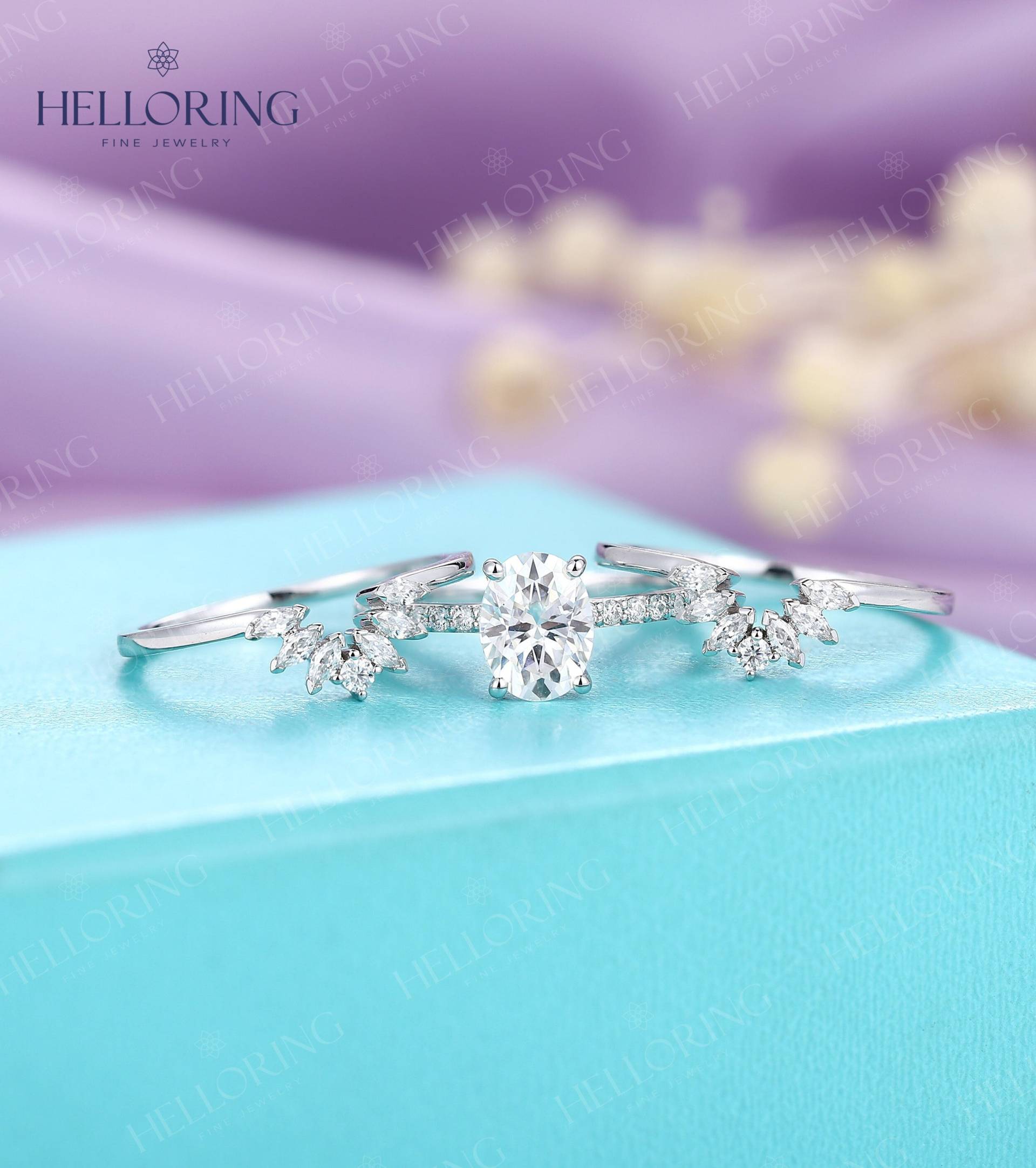 Oval Moissanite Verlobungsring Set Oval Ring Halbe Ewigkeit Ebnen Marquise Gebogenes Band Zacken Versprechen von HelloRing