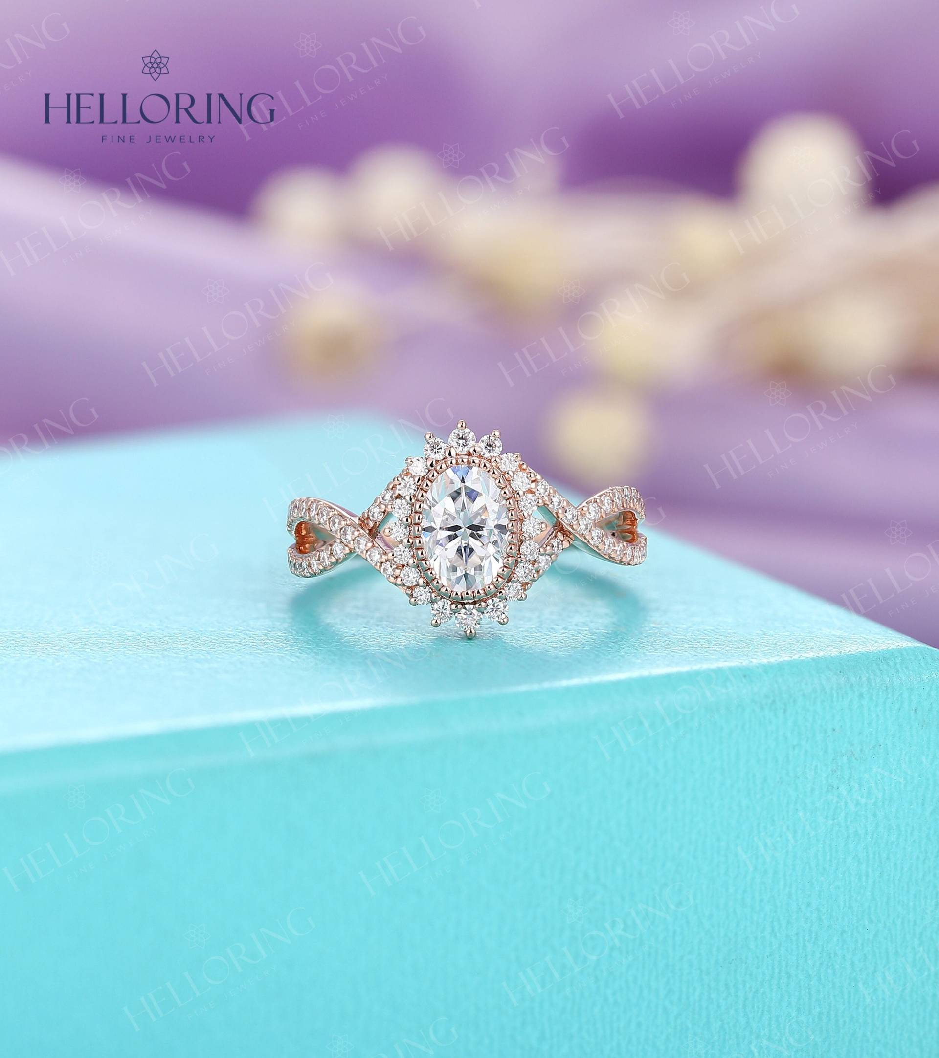 Ovaler Moissanit Verlobungsring Vintage Diamant Blume Halo Ring Gedreht Hochzeitsband Halb Ewigkeit Jubiläum Versprechen von HelloRing
