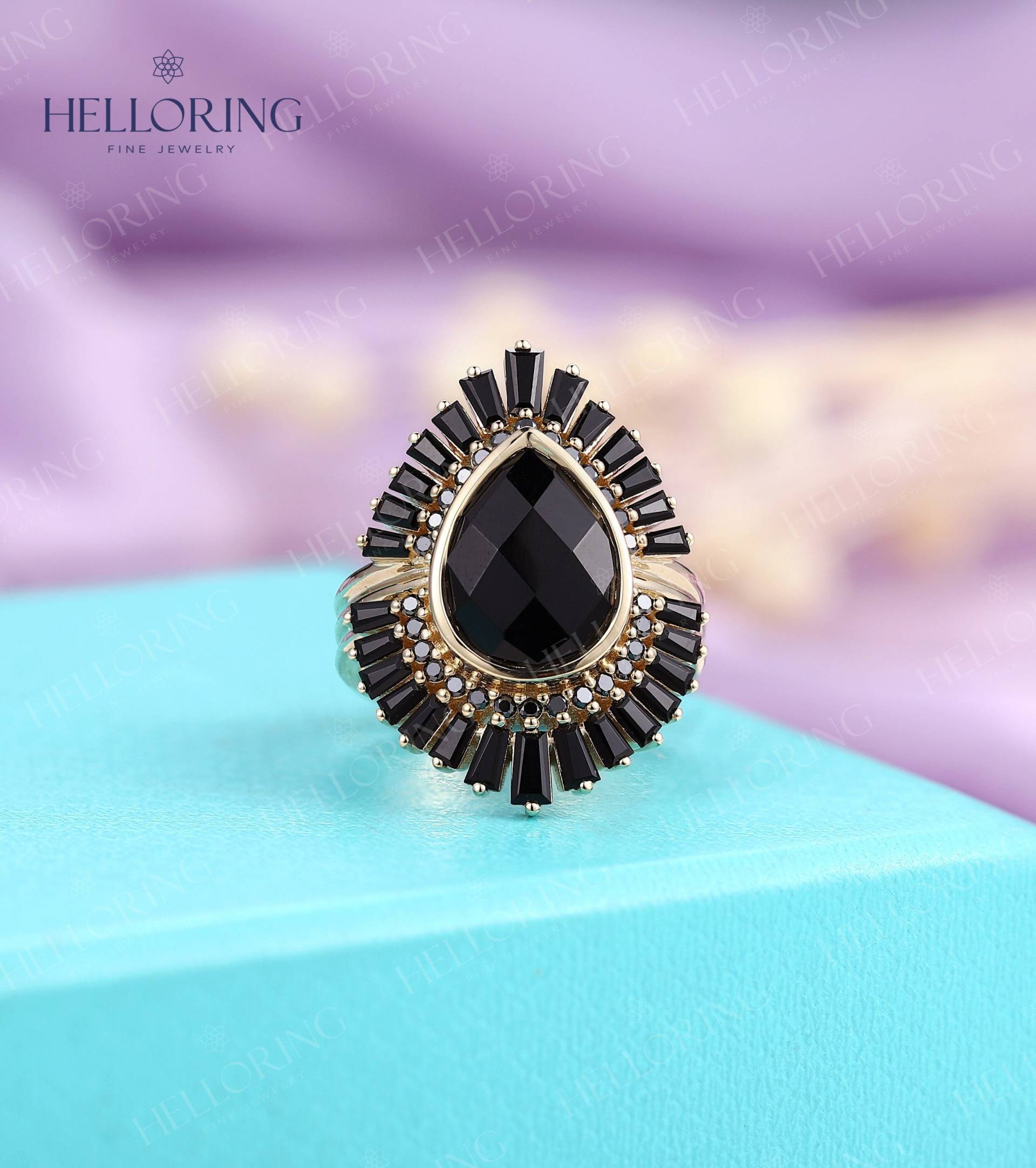 Pear Cut Schwarzer Onyx Verlobungsring Vintage Rose Gold Ring Baguette Band Diamant Ehering Stapelring Versprechen Jubiläum von HelloRing