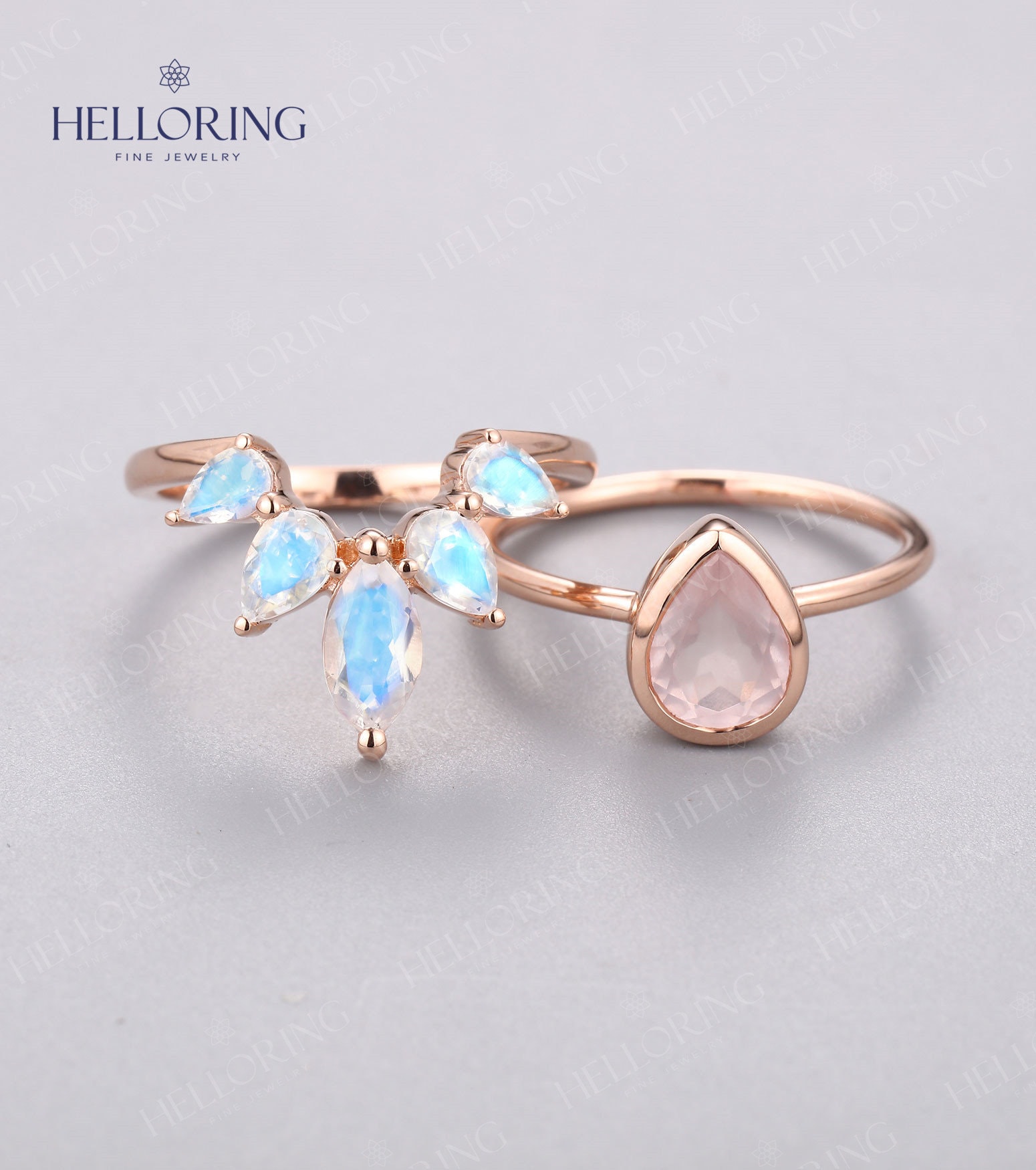 Rosenquarz Verlobungsring Set Rosegold Birnenschnitt Geschwungener Ehering Marquiseschnitt Art Deco Mondstein Brautjubiläum Versprechensring von HelloRing