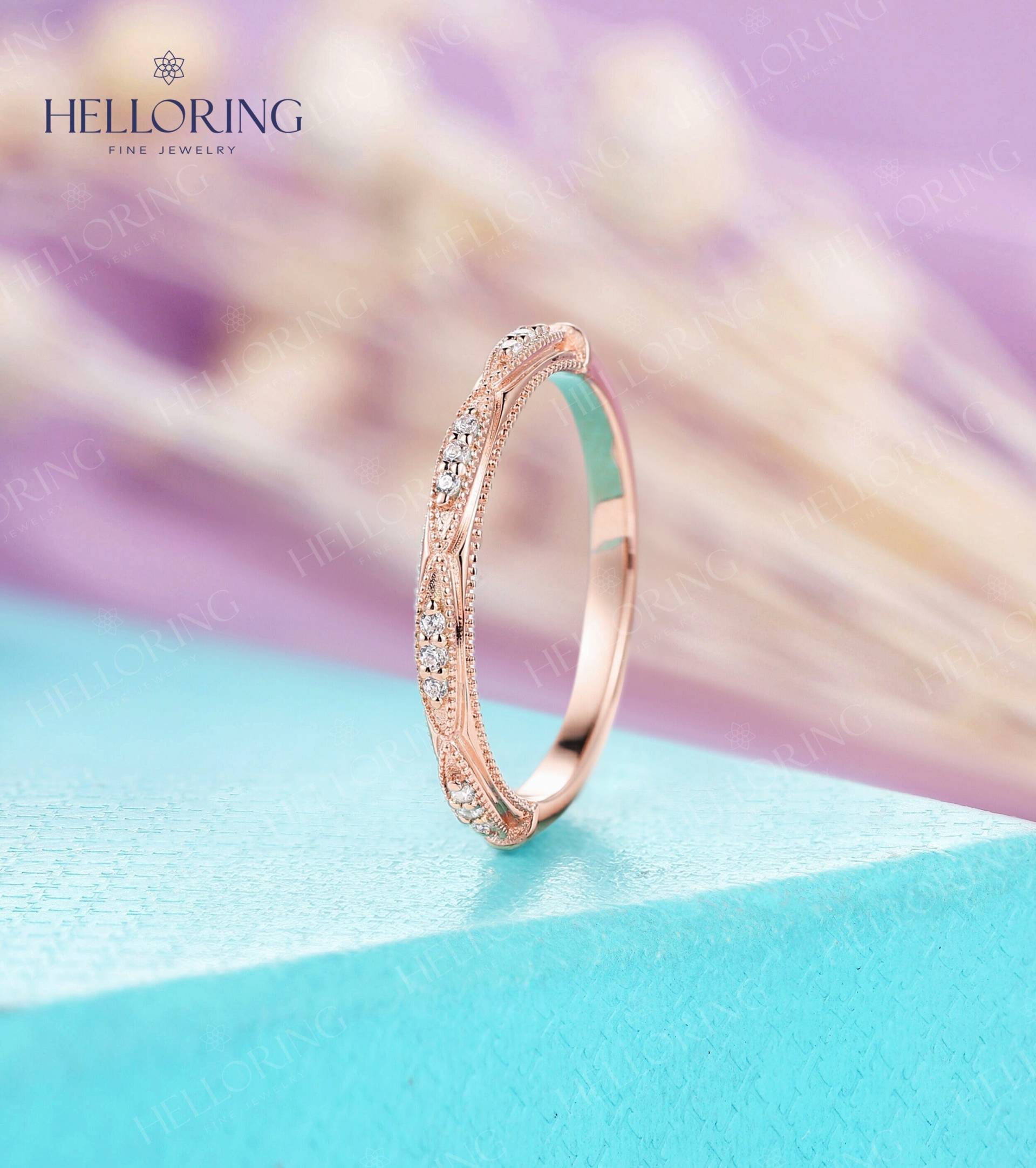 Rund Geschnittener Natürlicher Diamant Ehering Vintage Rosegold Band Halbe Ewigkeit Ring Milgrain Straight Matching Jahrestag von HelloRing