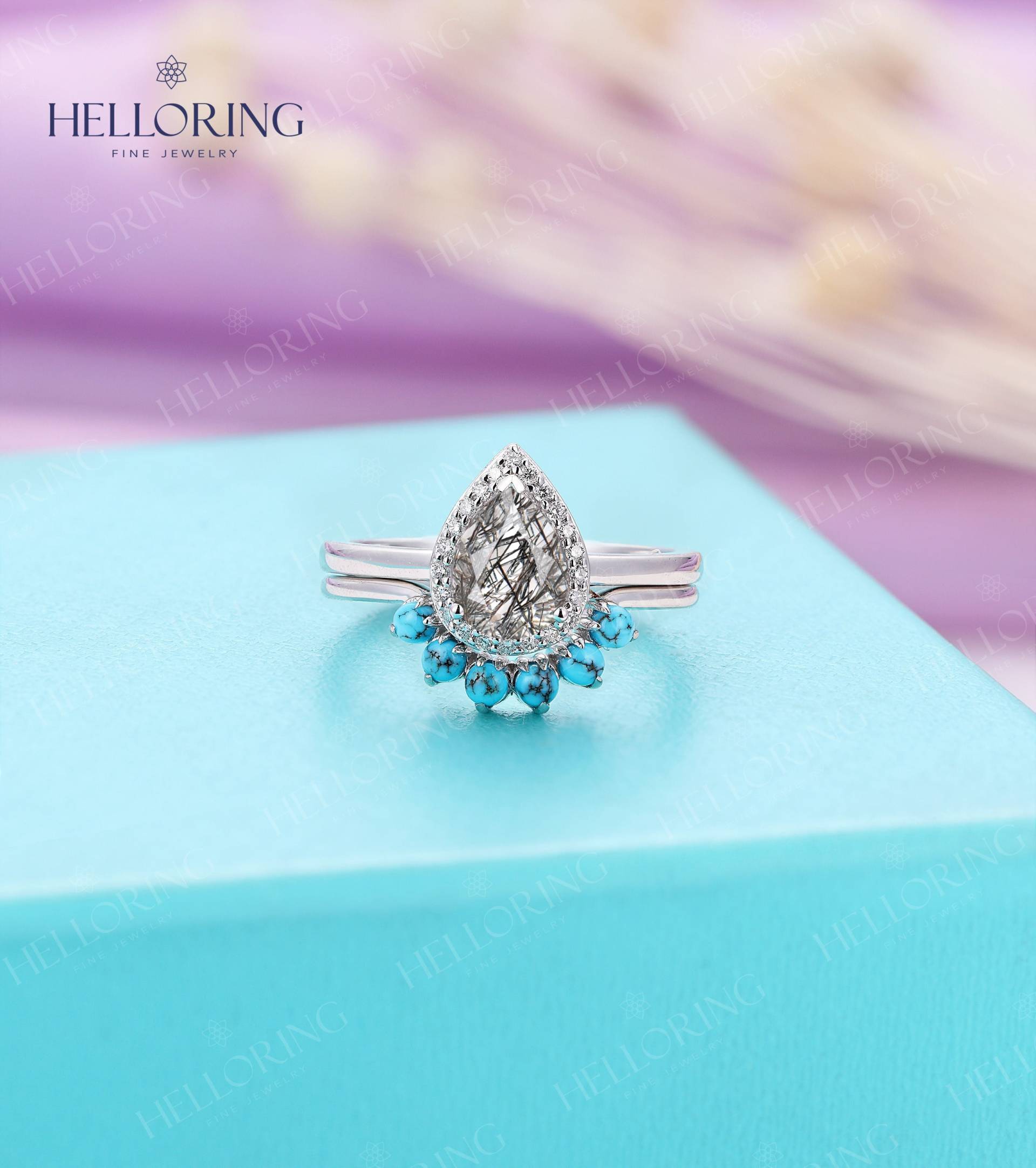 Schwarzer Rutilquarz Ring Verlobungsring Pear Shaped Art Deco Roségold Diamant Halo Geschwungenes Ehering Türkis Band von HelloRing