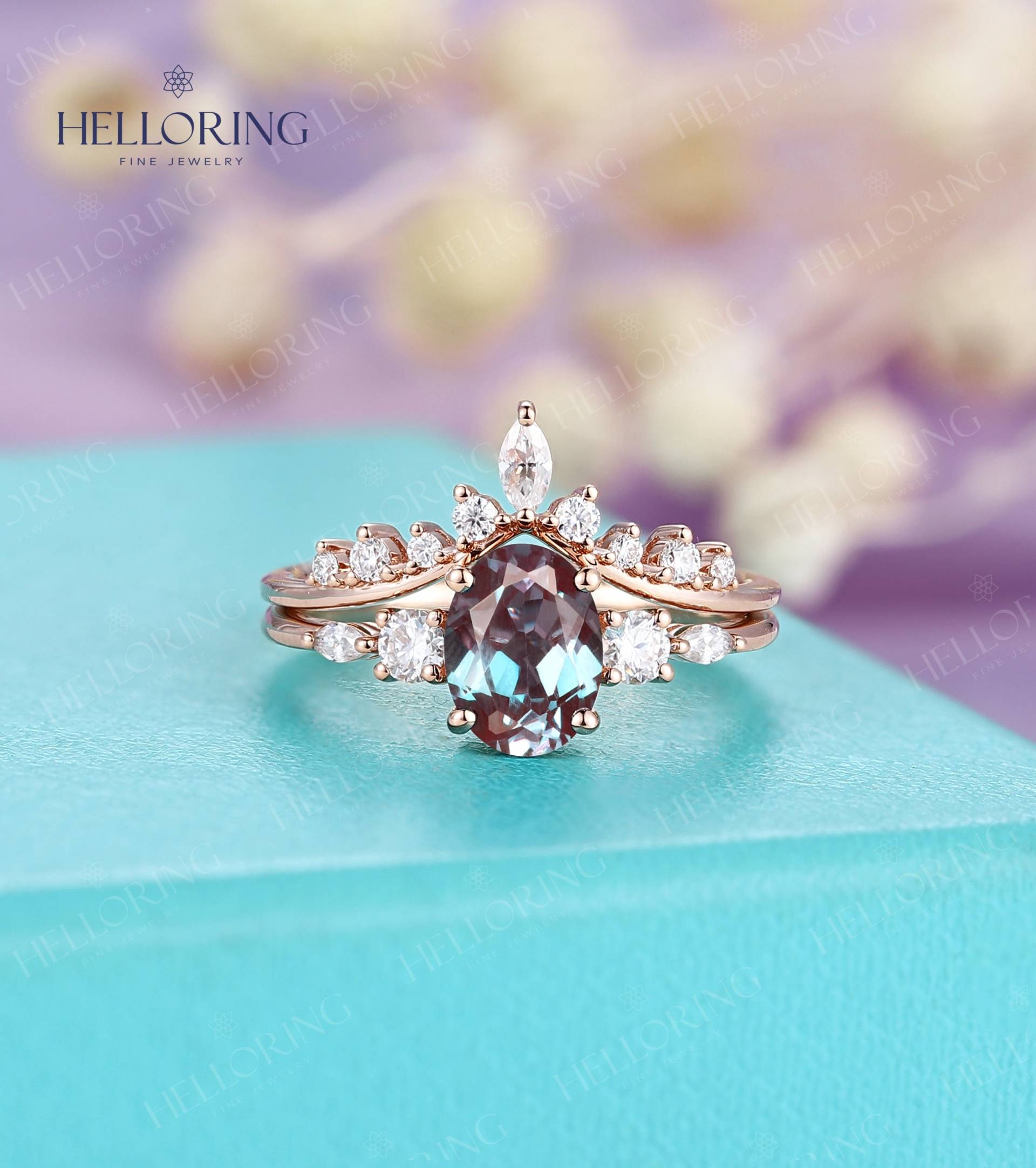 Vintage Alexandrit Verlobungsring Set Roségold Ring Marquise Moissanit Gewölbt Ehering Oval Schliff Prong Stapelband von HelloRing