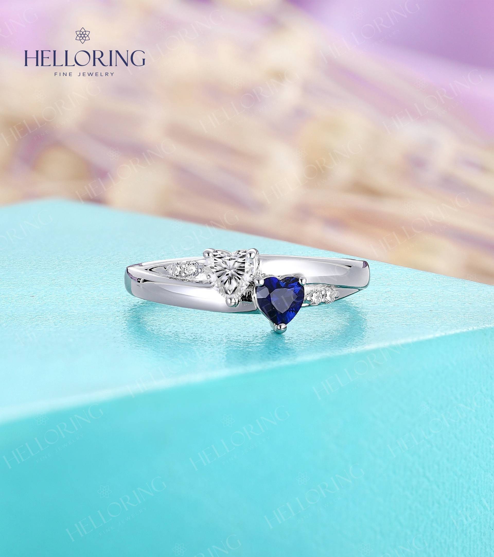 Vintage Birne 4A Blau Grau Moissanite Verlobungsring Set Rose Gold Twisted Ring Gebogener Diamant Ehering Stapelring von HelloRing
