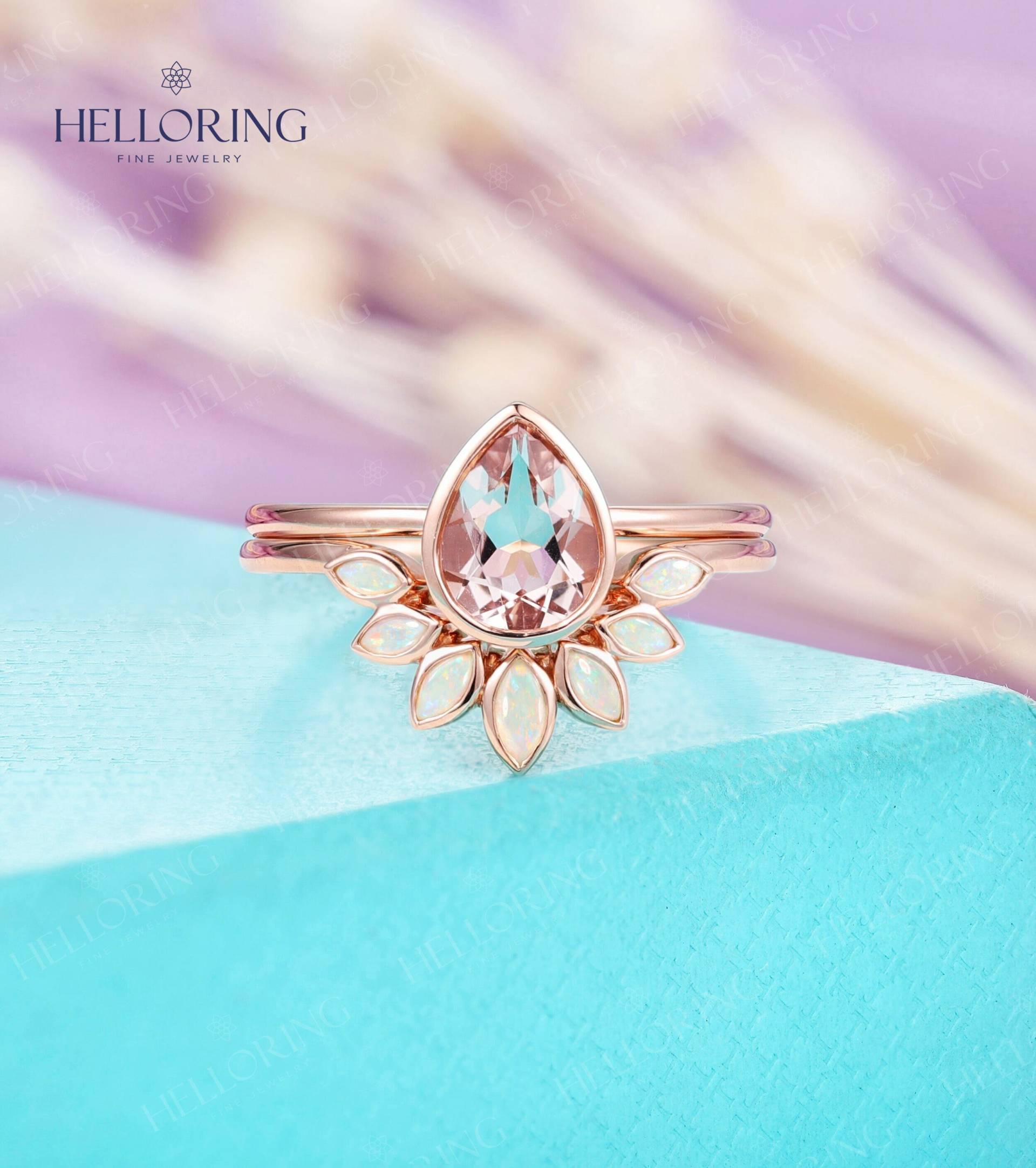 Vintage Birne Morganit Verlobungsring, Rosegold Verlobungsring, Marquise Schliff Natürlicher Opal Ehering, Geschwungenes Ehering von HelloRing