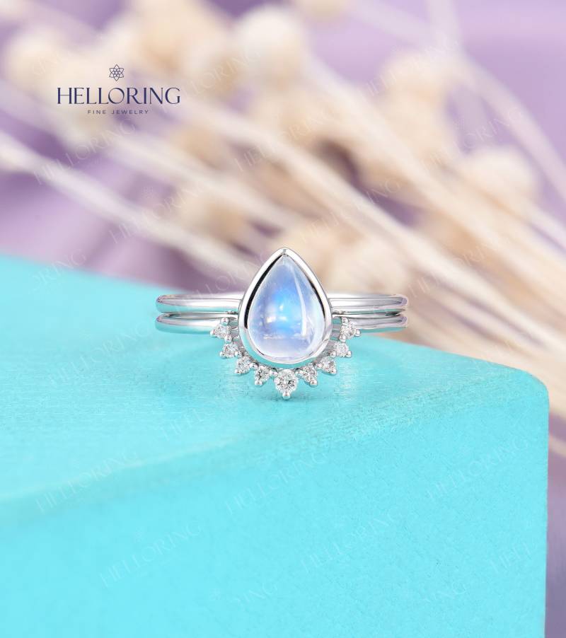 Vintage Mondstein Verlobungsring Set Weißgold Diamant Ehering Gebogen Geburtsstein Jubiläum Versprechen Ring von HelloRing