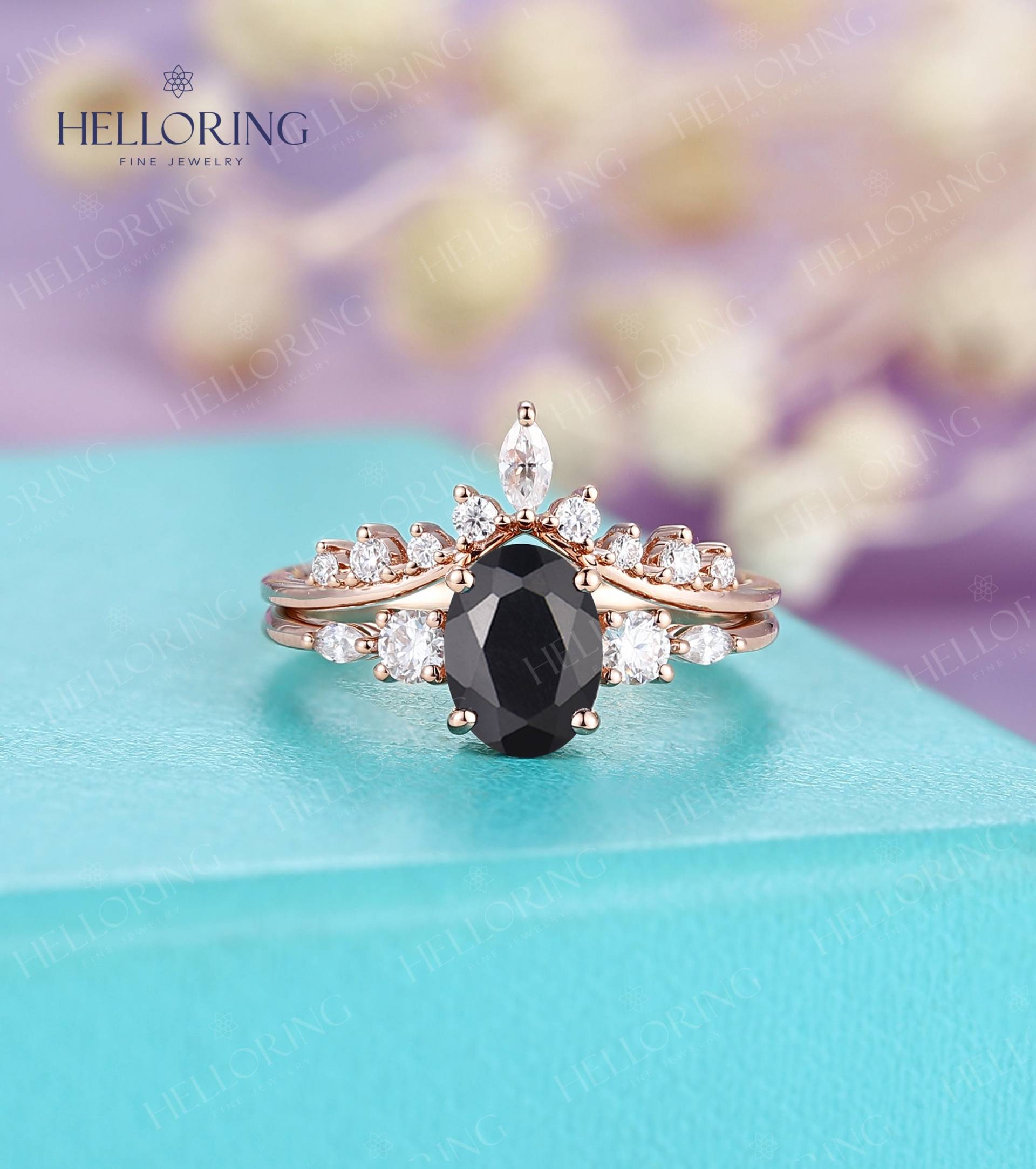 Vintage Onyx Verlobungsring Set Rosegold Ring Marquise Moissanit Gewölbt Ehering Oval Schliff Prong Stapelband von HelloRing