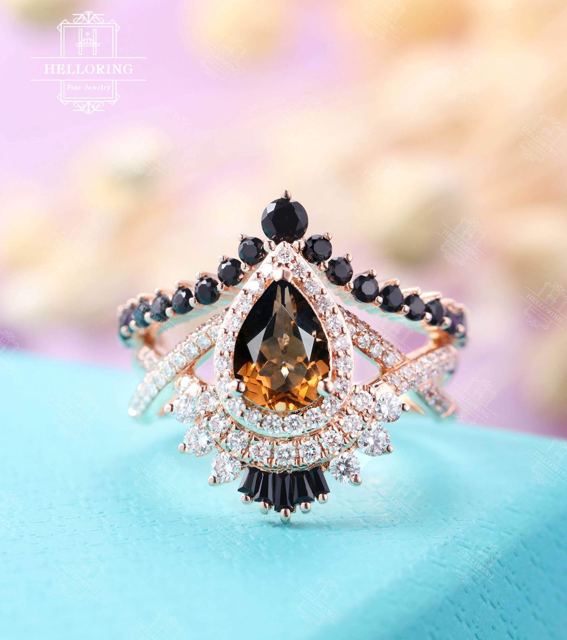 Vintage Pear Rauchquarz Verlobungsring Moissanite Heiligenschein Schwarzer Diamant Onyx Baguette Verdrehtes Band Rose Gold Art Deco Jahrestag Ring von HelloRing