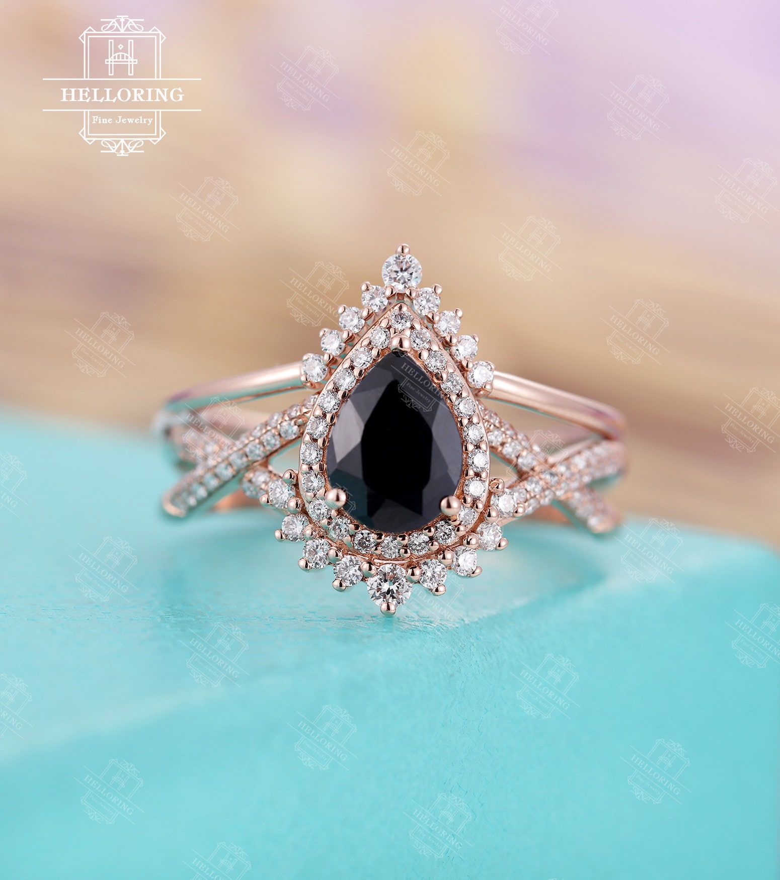 Vintage Schwarze Onyx Verlobungsring Set Birnenschliff Moissanit Diamant Gebogener Ehering Rosegold Braut Jubiläum Versprechen Ring von HelloRing