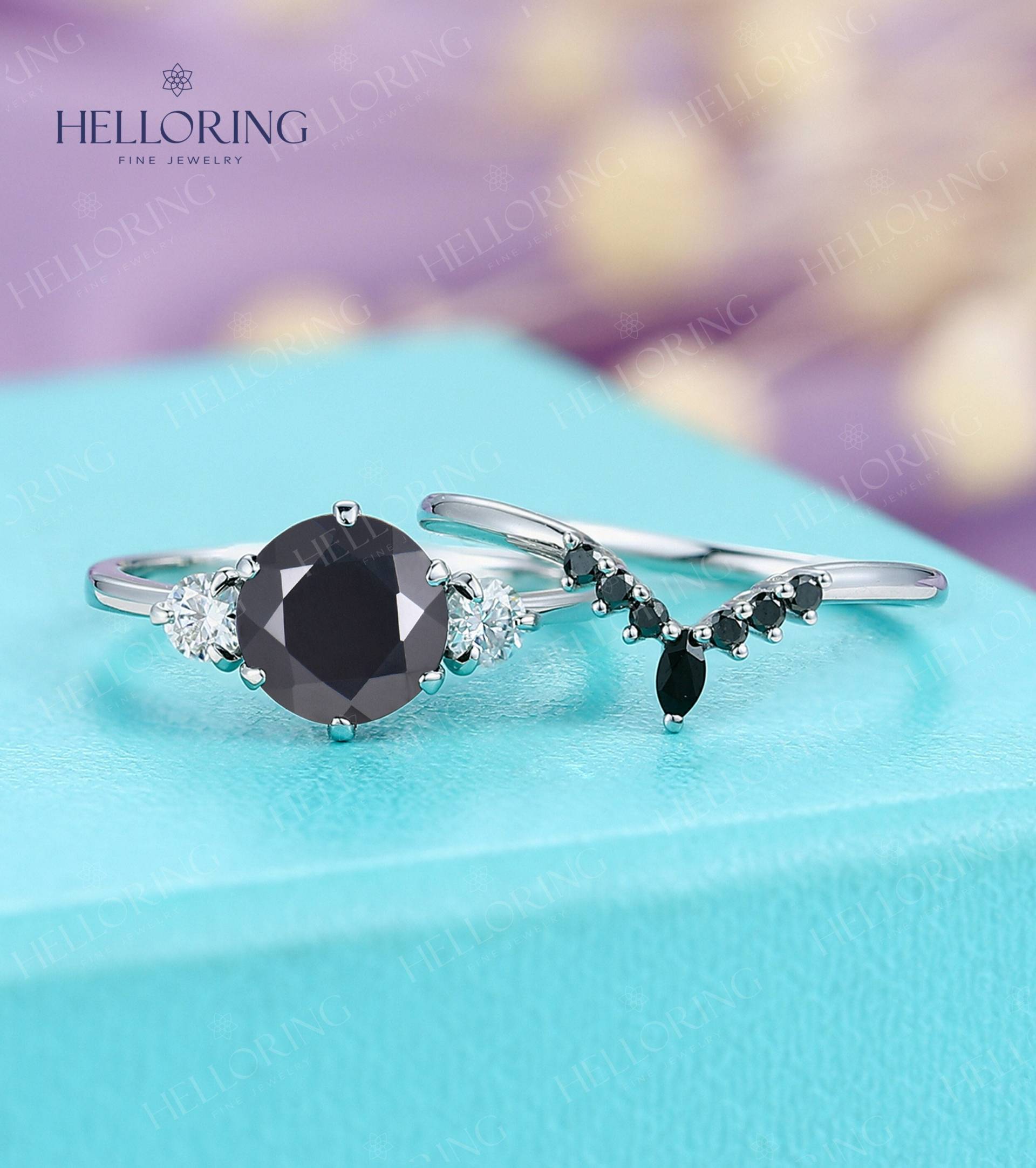 Vintage Schwarzer Onyx Verlobungsring Art Deco Moissanite Diamant Gebogener Ehering Weißgold Einzigartiger Versprechen Jahrestag Ring von HelloRing