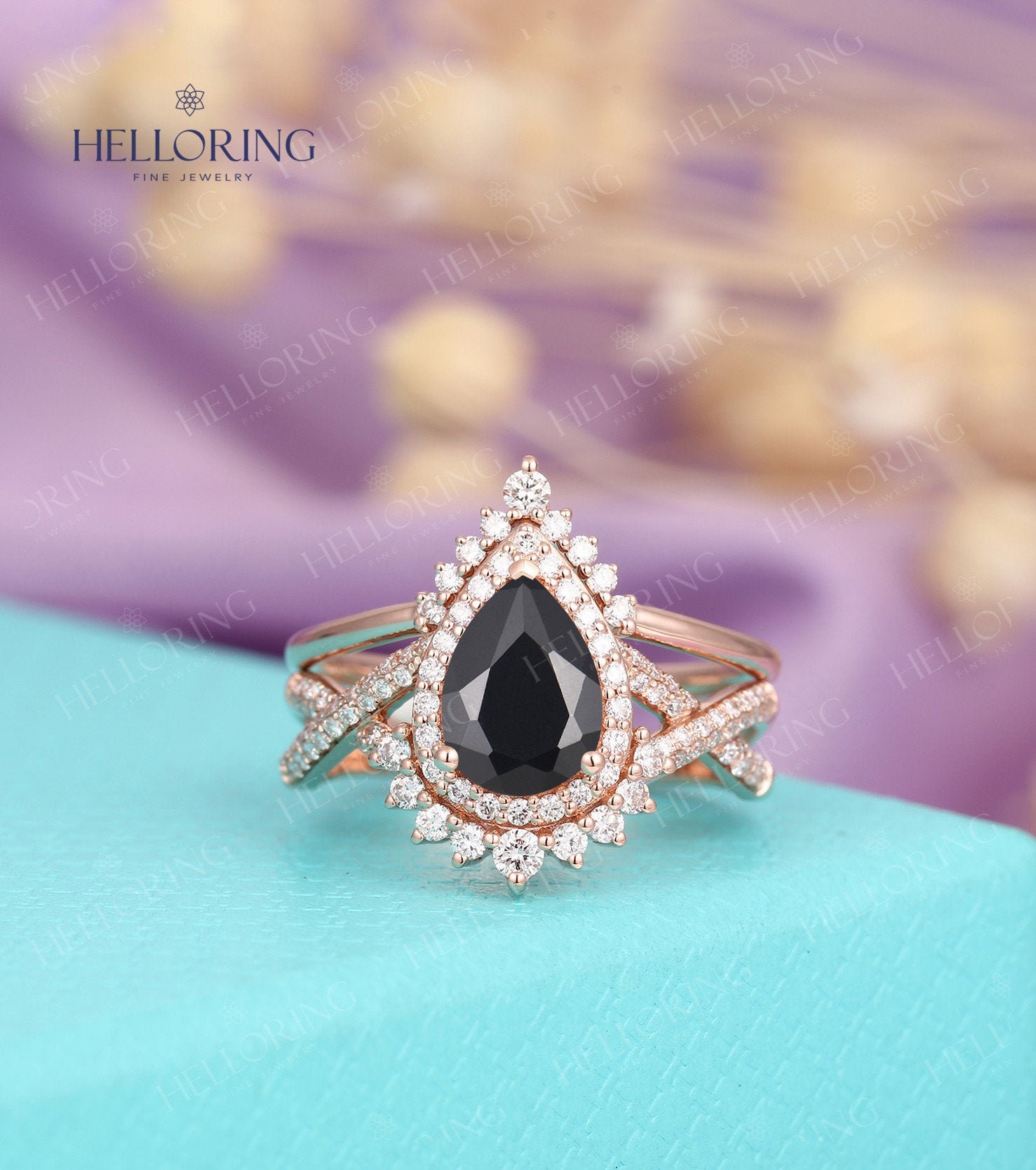 Vintage Schwarzer Onyx Verlobungsring Set Birnenschliff Moissanit Diamant Geschwungen Hochzeitsband Rosegold Braut Set Jubiläum Versprechen Ring von HelloRing