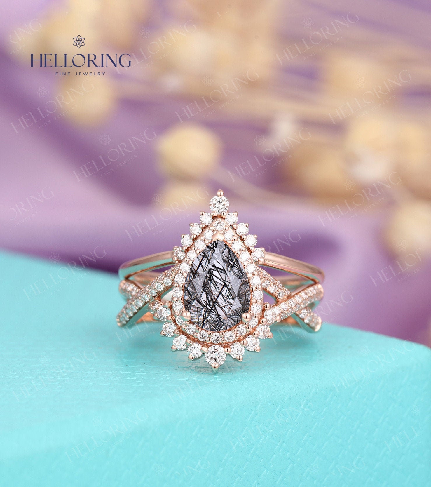 Vintage Schwarzer Rutilquarz Verlobungsring Pear Shaped Moissanit Diamant Geschwungen Gedrehter Heiligenschein Hochzeitsband Rosegold Jubiläumsring von HelloRing