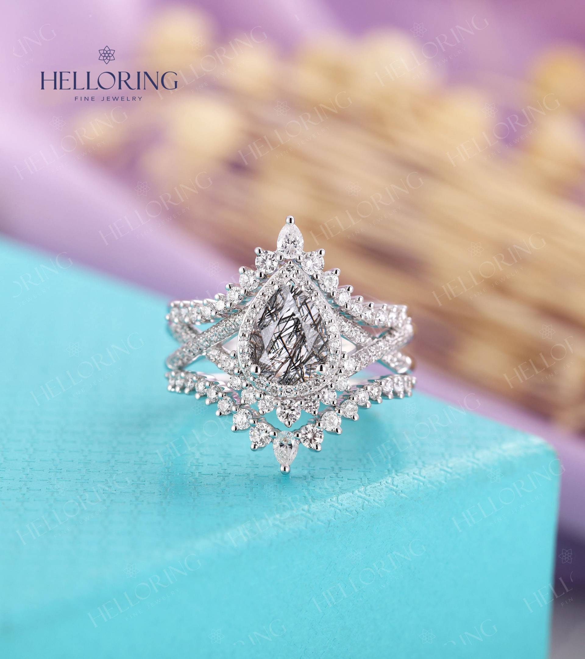 Vintage Schwarzer Rutilquarz Verlobungsring Weißgold Birnenförmiger Ehering Diamant Moissanite Ring Twisted Brautjubiläumsring von HelloRing