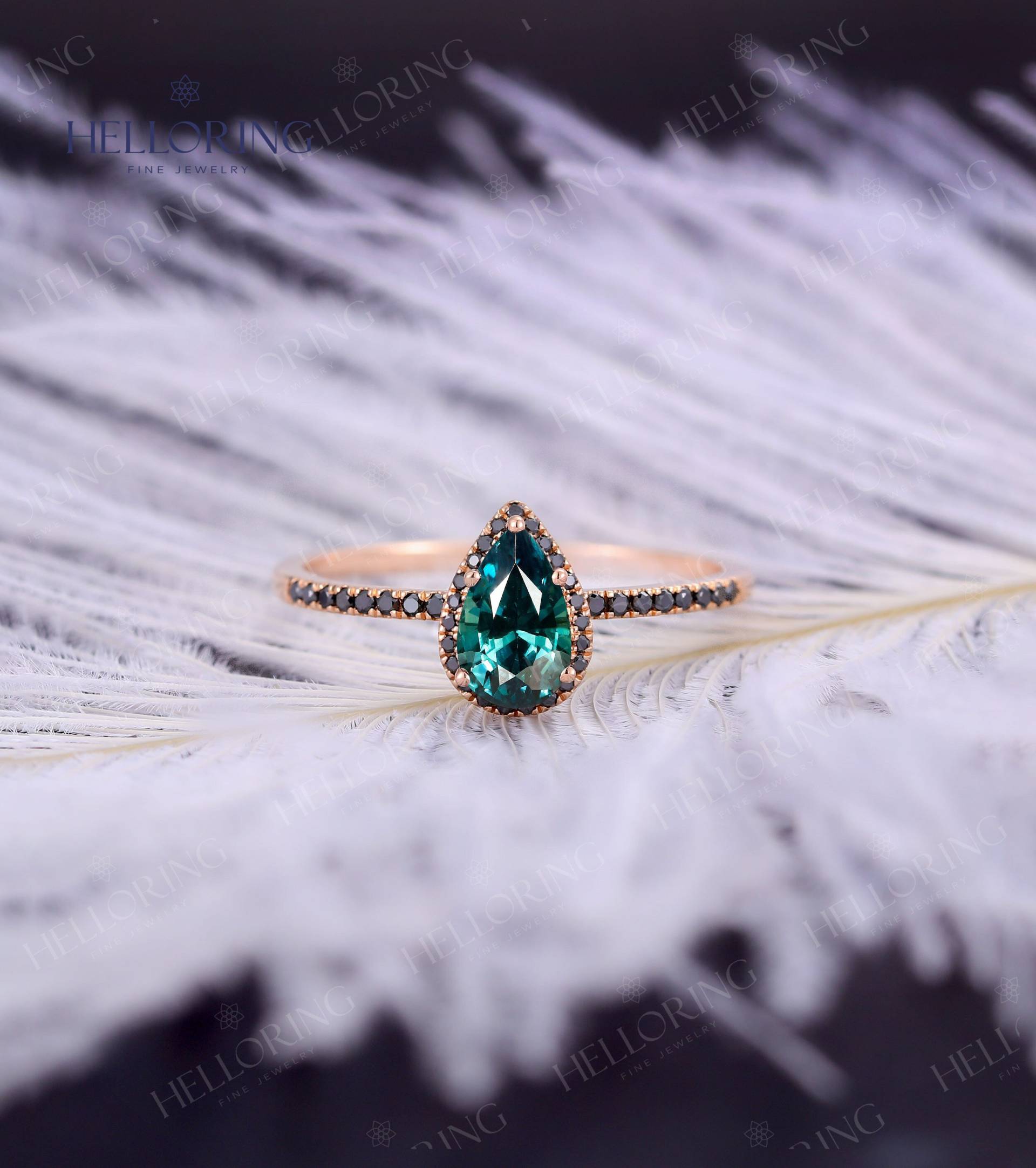 Vintage Teal Saphir Verlobungsring Pear Shaped Blue Green Ehering Roségold Heiligenschein Ring Halb Ewigkeit Band von HelloRing