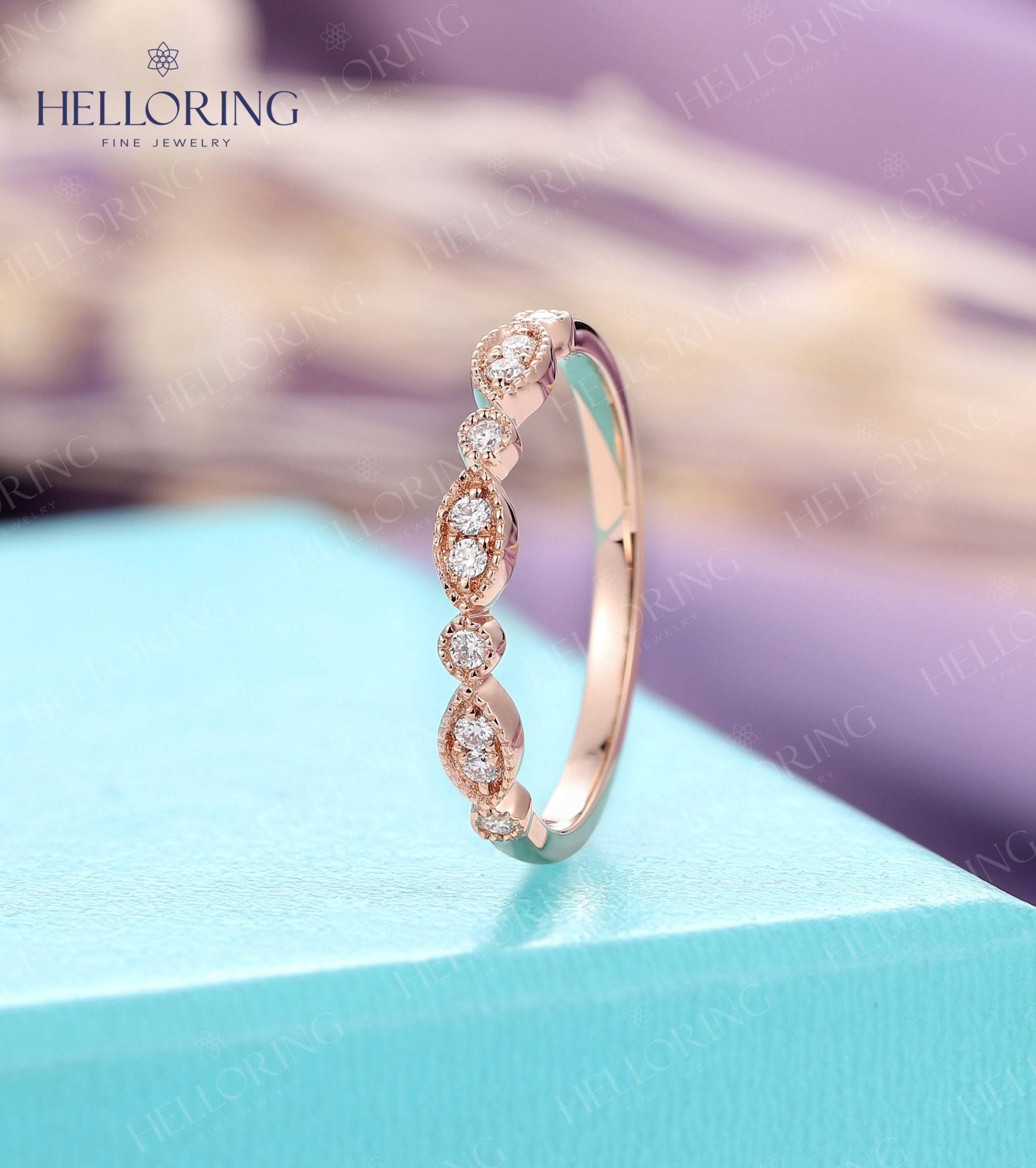 stapelring Vintage Diamant Hochzeitsband Rosegold Art Deco Antik Milgrain Braut Unikat Halb Ewigkeit Versprechen Jubiläum Ring von HelloRing