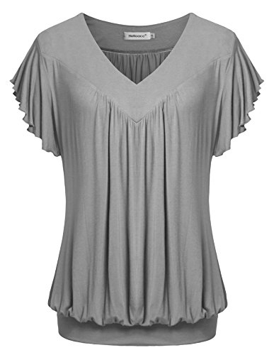 Helloacc Damen-T-Shirt, V-Ausschnitt, Kurze Rüschen, Flügelärmel, gebänderter Saum, lockeres Oberteil mit gerafftem Saum, Grau (1), Large von Helloacc