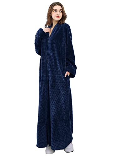 Hellomamma Damen-Bademäntel aus warmem Plüsch, Wintermantel, mit Reißverschluss, langer Fleece-Bademantel für Damen, Reißverschluss, marineblau, X-Large von Hellomamma