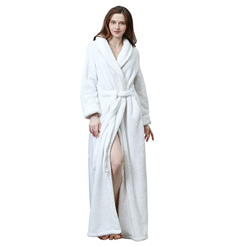 Hellomamma Damen lange robe soft-fleece-flaumige plüsch-bademantel damen winter-m nachtwäsche pyjamas top hausmantel nightgown Weiß Small / Medium von Hellomamma