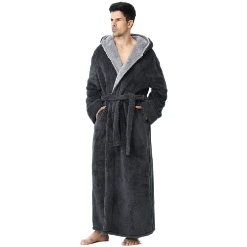 Hellomamma Herren-Bademantel mit Kapuze, lang, Fleece, flauschig, Hausmantel, Nachthemd, Grey01, X-Large von Hellomamma