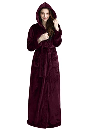 Langer Bademantel mit Kapuze für Damen, luxuriöser Flanell-Fleece, volle Länge, Bademantel für den Winter, warmer Pyjama, Dusche, Nachthemd, weinrot, X-Large von Hellomamma