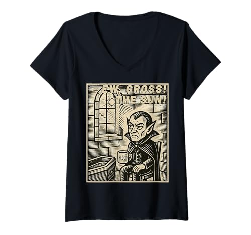 Damen Äh, ekelhaft! The Sun Lustiger Vampir, introvertierte Kaffeeliebhaber T-Shirt mit V-Ausschnitt von Helloween Scary Horror Creep Decoration clothes