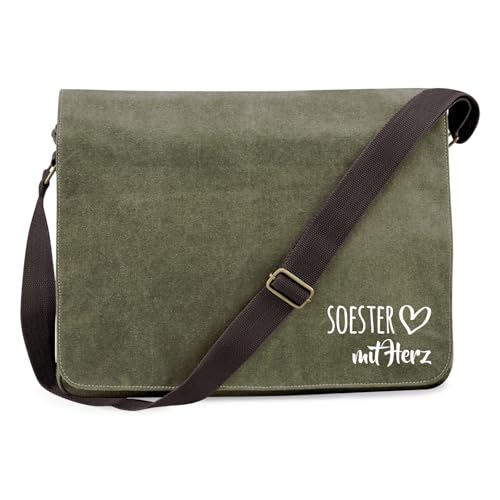 Hellweg Druckerei Schultertasche Soester mit Herz Geschenk 14 Liter Military Green Canvas Soester Mitbringsel von Hellweg Druckerei