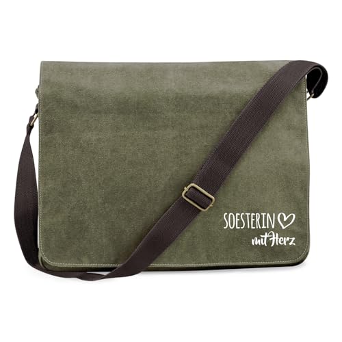 Hellweg Druckerei Schultertasche Soesterin mit Herz Geschenk 14 Liter Military Green Canvas Soesterin Mitbringsel von Hellweg Druckerei