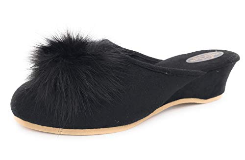 Damen Pantolette schwarz mit Pelzpompon Hausschuhe Trunte Schuhe (Numeric_34) von Helmut Trunte