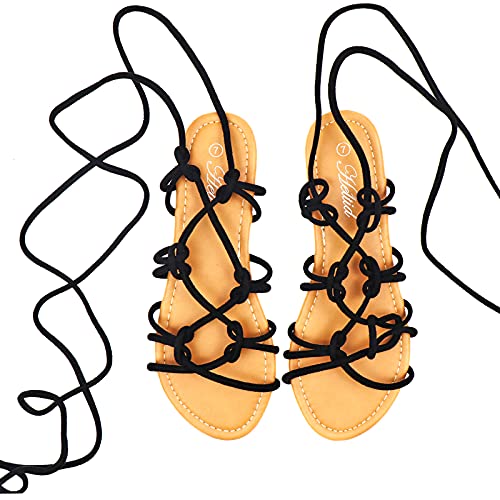 Heltid Damen-Sandalen mit offenem Zehenbereich, Gladiatoren, flache Slipper, römische Sandalen, Schwarz, 39 EU von Heltid