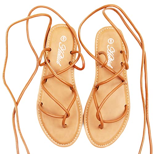 Heltid Damen Zehentrenner Schnürer Gladiator Flache Sandalen Riemchensandale für Frauen Kleid Schuhe, camel, 40.5 EU von Heltid