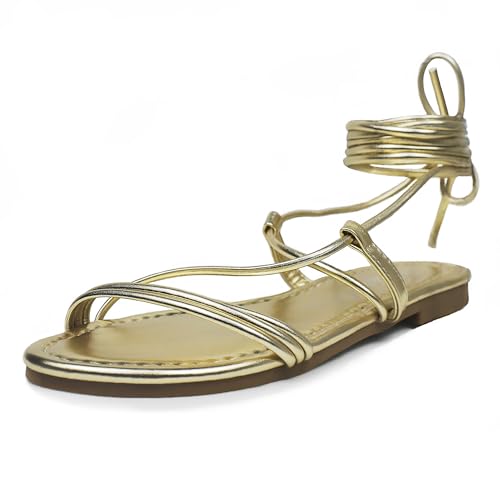 Heltid Flache Damen-Sandalen mit Schnürung, offener Zehenbereich, Gladiator-Sandalen, Gold, 38 EU von Heltid
