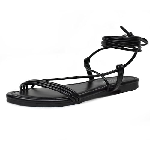 Heltid Flache Damen-Sandalen mit Schnürung, offener Zehenbereich, Gladiator-Sandalen, Schwarz, 37 EU Heltid Flache Damen-Sandalen mit Schnürung, offener Zehenbereich, Gladiator-Sandalen, Schwarz, 37 EU von Heltid
