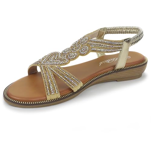 Heltid Flache Damen-Sandalen mit offenem Zehenbereich, Strass, elastisch, Knöchelriemen, Bohemian-Sandalen für Damen, Gold, 38.5 EU von Heltid