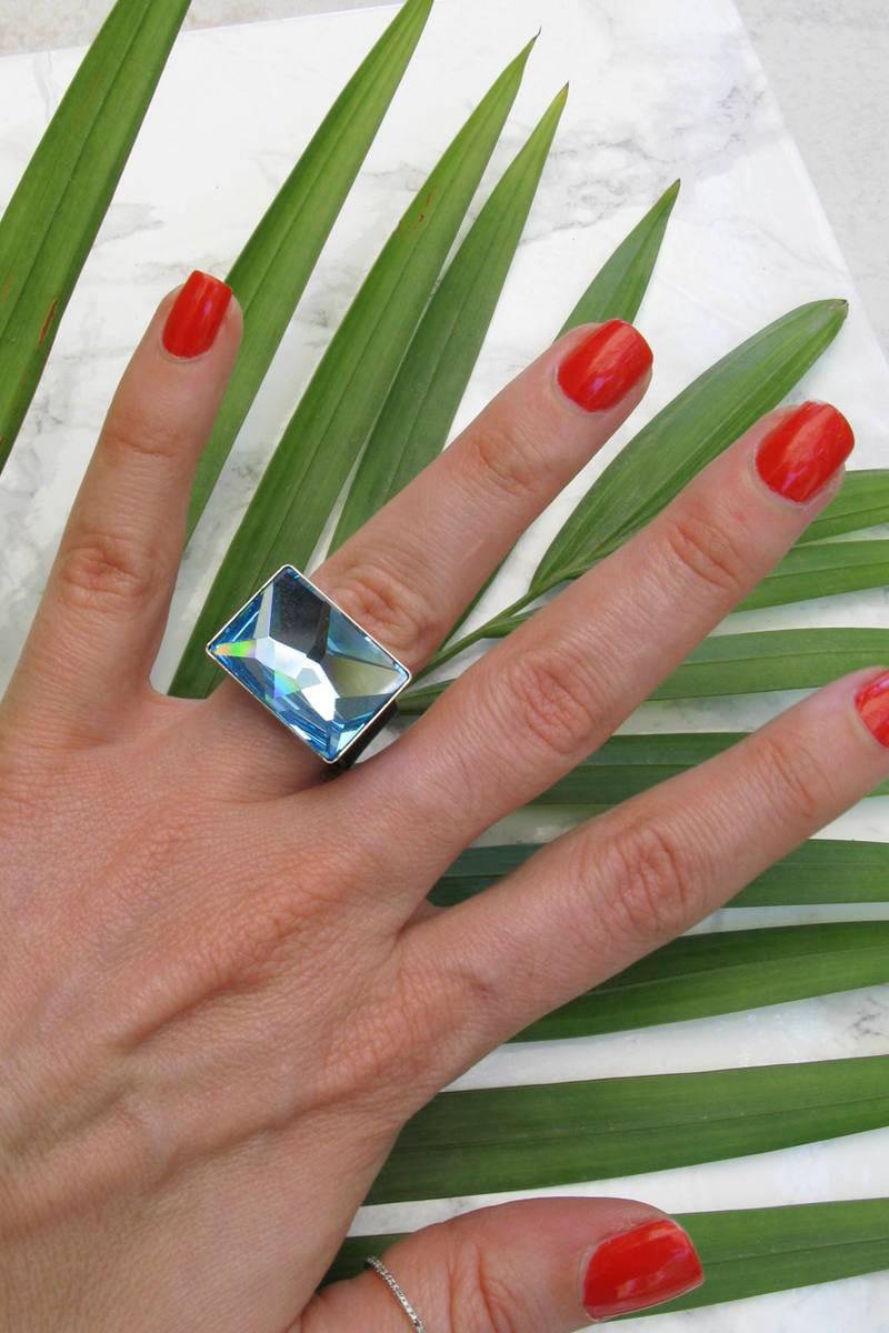 Leder Mit Steinring, Aquamarinsteinring, Aquamarinringe Für Frauen, Großer Aquamarinring, Cocktailring, Ring Im Smaragdschliff von HelyDesigns