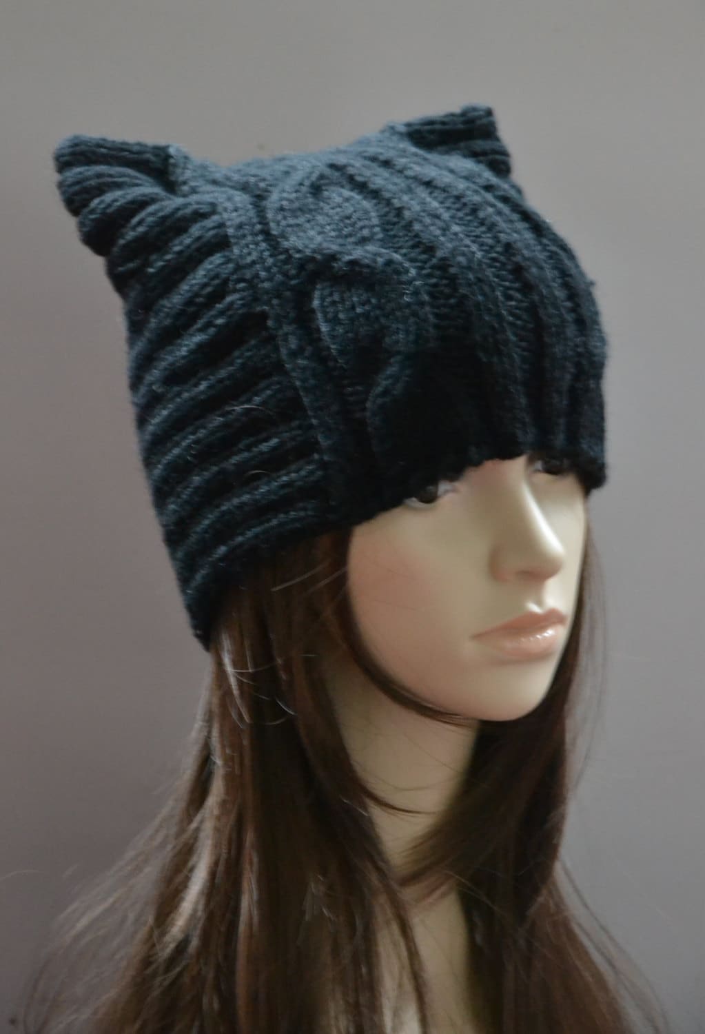 Hand Gestrickte Katzenohren Wollmütze - Halloween Grobstrickmütze von Hemiao