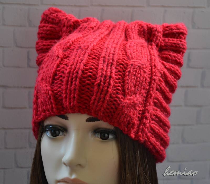 Handgestrickte Rote Katzenohren Mütze Grobstrick Wolle Wintermütze von Hemiao