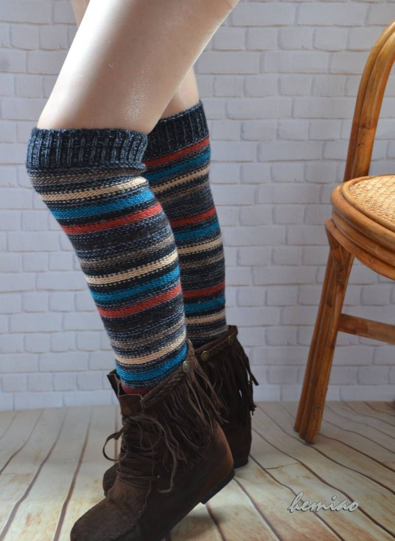 Handgestrickte Wolle Stulpen Gestreifte Zopfmuster Stiefelmanschetten von Hemiao