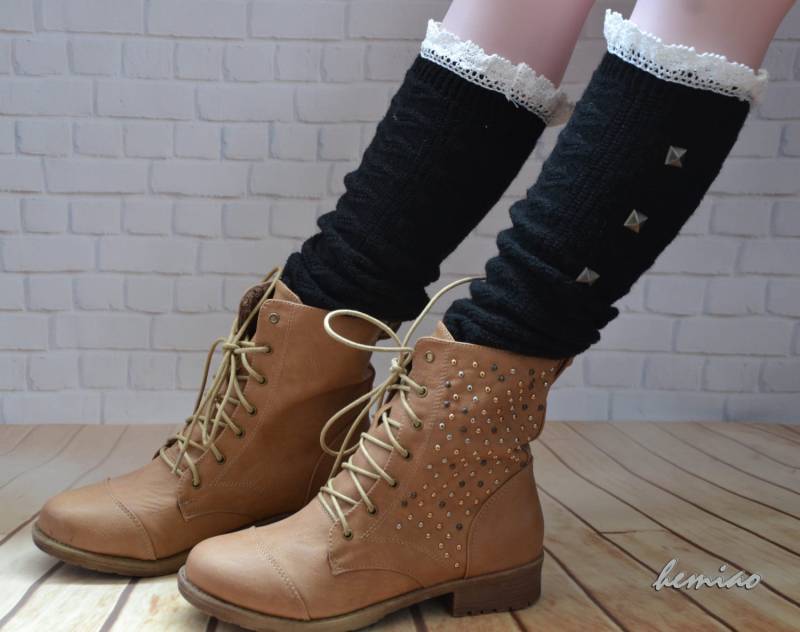 Nieten Spitzen Kniestrümpfe Wollmischung Stulpen von Hemiao