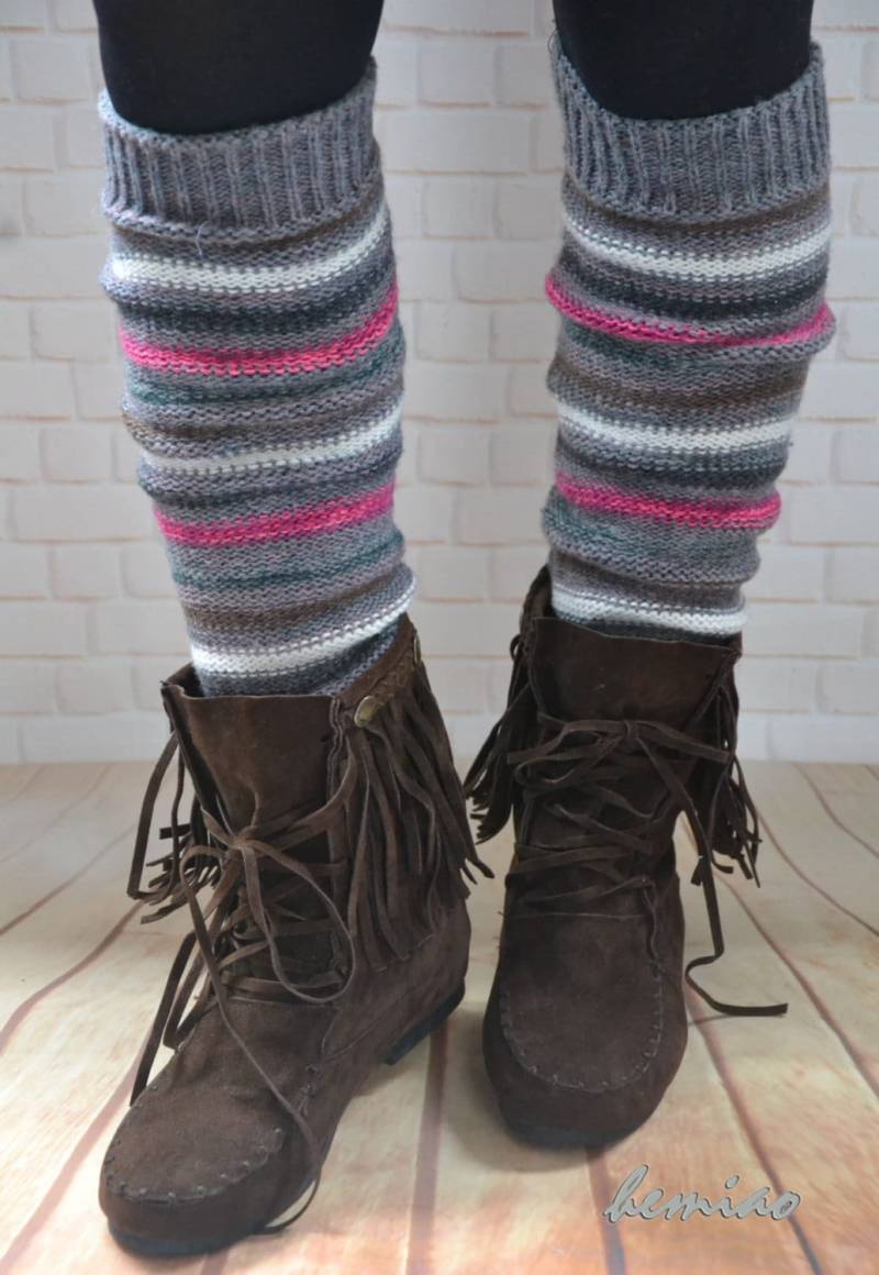 Strickwolle Gestreift Stulpen Stiefel Manschetten Mit Dickem Zopfmuster von Hemiao