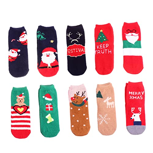 Hemobllo 10 Paare Damen Weihnachtsstrümpfe aus Dickem Korallenfleece Mittellange Warme Kuschelsocken mit Cartoon Atmungsaktiv und für Frauen und Mädchen von Hemobllo